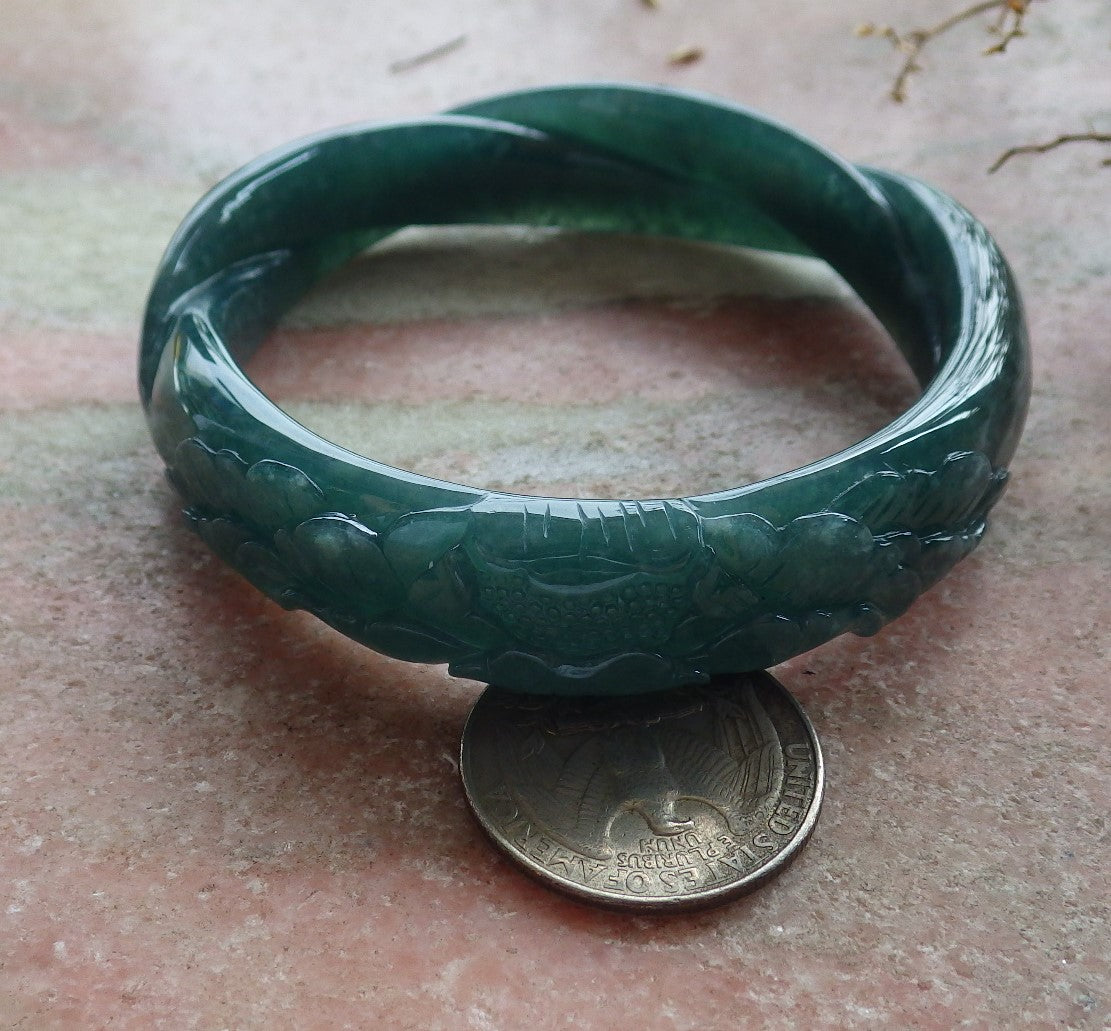 55mm Certified Hand Carved Blue Water Green Natural A JADE Jadeite Rose Flower Knotted Circle Bangle Bracelet