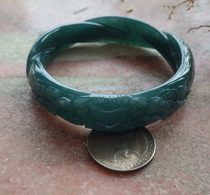 55mm Certified Hand Carved Blue Water Green Natural A JADE Jadeite Rose Flower Knotted Circle Bangle Bracelet