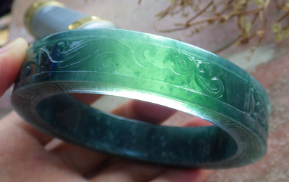 64mm Certified Hand Carved Blue Water Green Natural A JADE Jadeite Dragon Phoenix Circle Bangle Bracelet
