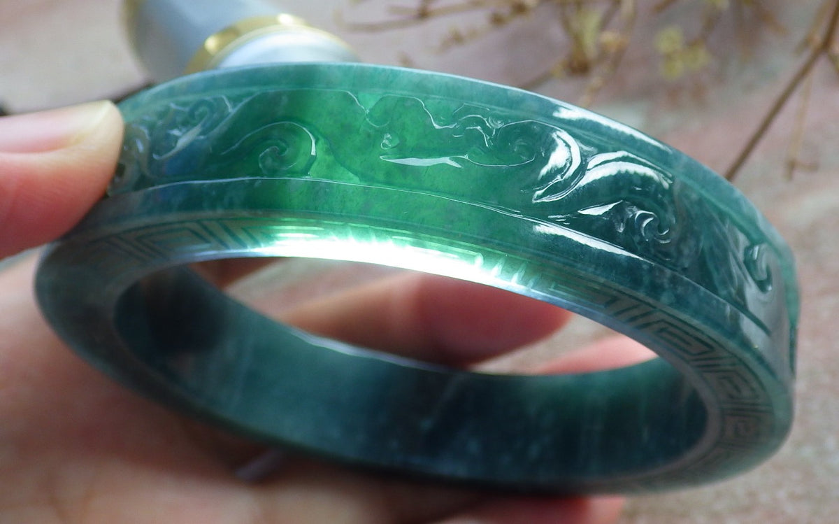 64mm Certified Hand Carved Blue Water Green Natural A JADE Jadeite Dragon Phoenix Circle Bangle Bracelet