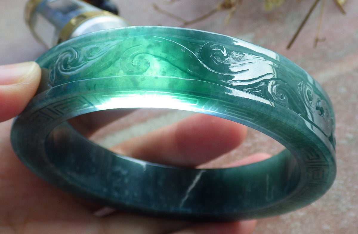64mm Certified Hand Carved Blue Water Green Natural A JADE Jadeite Dragon Phoenix Circle Bangle Bracelet