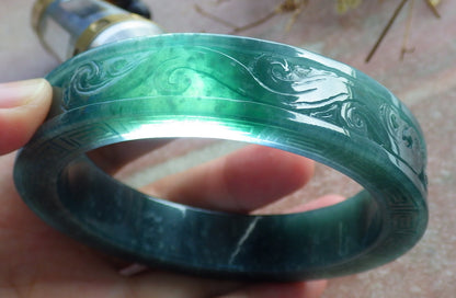 64mm Certified Hand Carved Blue Water Green Natural A JADE Jadeite Dragon Phoenix Circle Bangle Bracelet