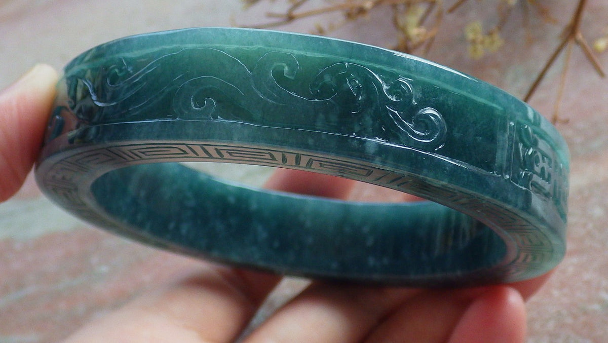 64mm Certified Hand Carved Blue Water Green Natural A JADE Jadeite Dragon Phoenix Circle Bangle Bracelet