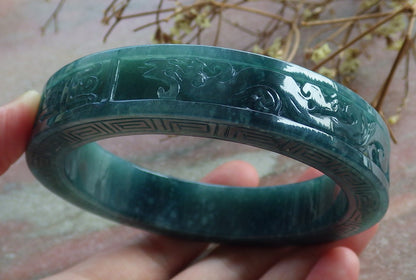64mm Certified Hand Carved Blue Water Green Natural A JADE Jadeite Dragon Phoenix Circle Bangle Bracelet