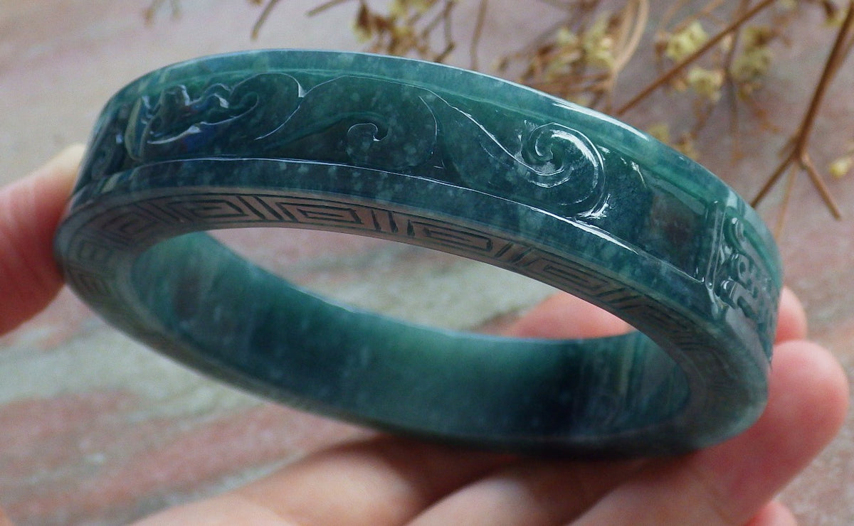 64mm Certified Hand Carved Blue Water Green Natural A JADE Jadeite Dragon Phoenix Circle Bangle Bracelet