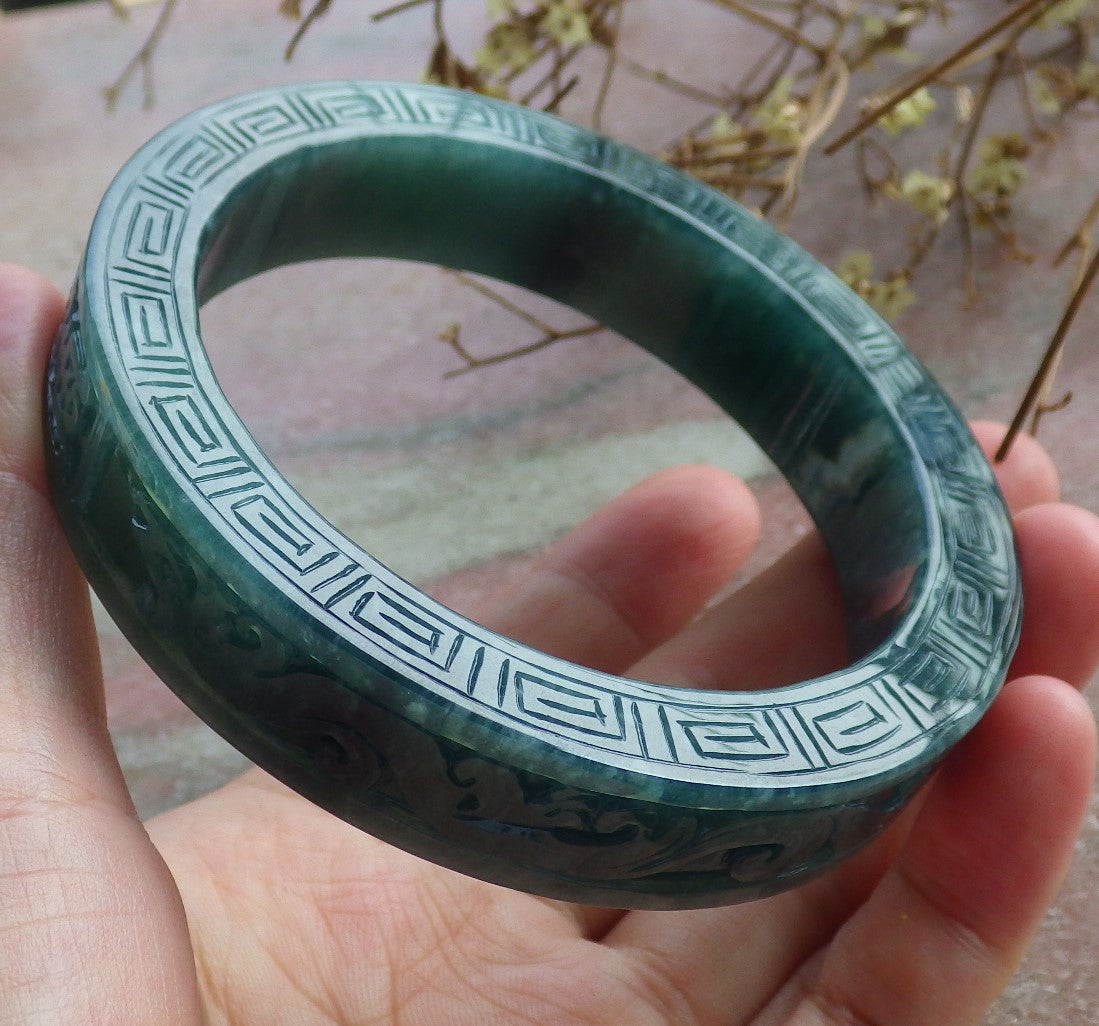 64mm Certified Hand Carved Blue Water Green Natural A JADE Jadeite Dragon Phoenix Circle Bangle Bracelet