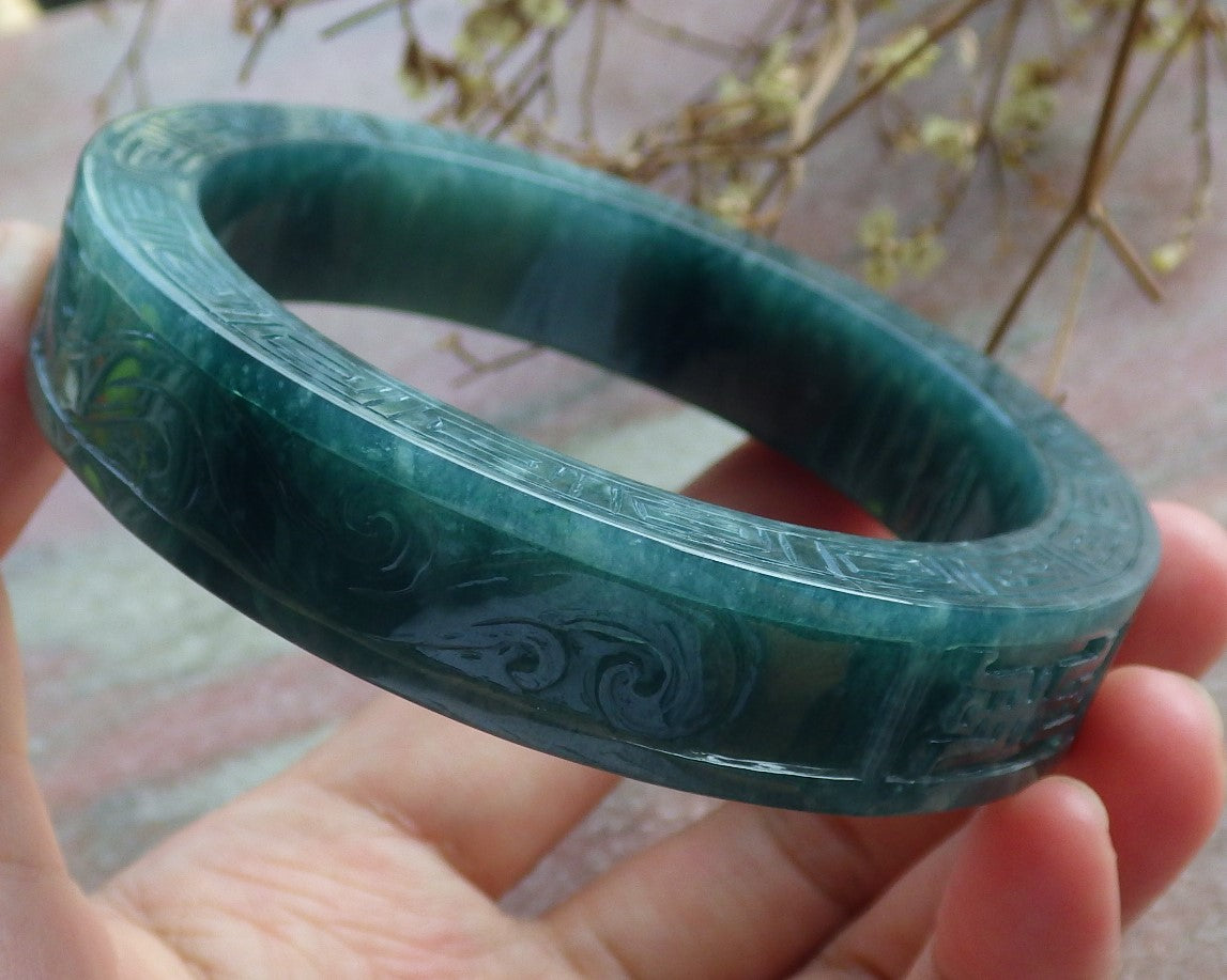 64mm Certified Hand Carved Blue Water Green Natural A JADE Jadeite Dragon Phoenix Circle Bangle Bracelet