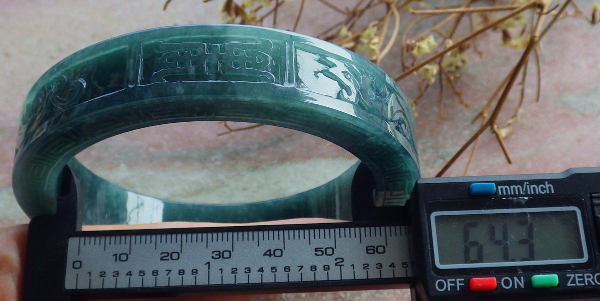64mm Certified Hand Carved Blue Water Green Natural A JADE Jadeite Dragon Phoenix Circle Bangle Bracelet