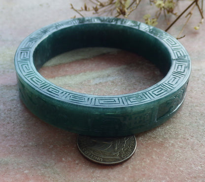 64mm Certified Hand Carved Blue Water Green Natural A JADE Jadeite Dragon Phoenix Circle Bangle Bracelet