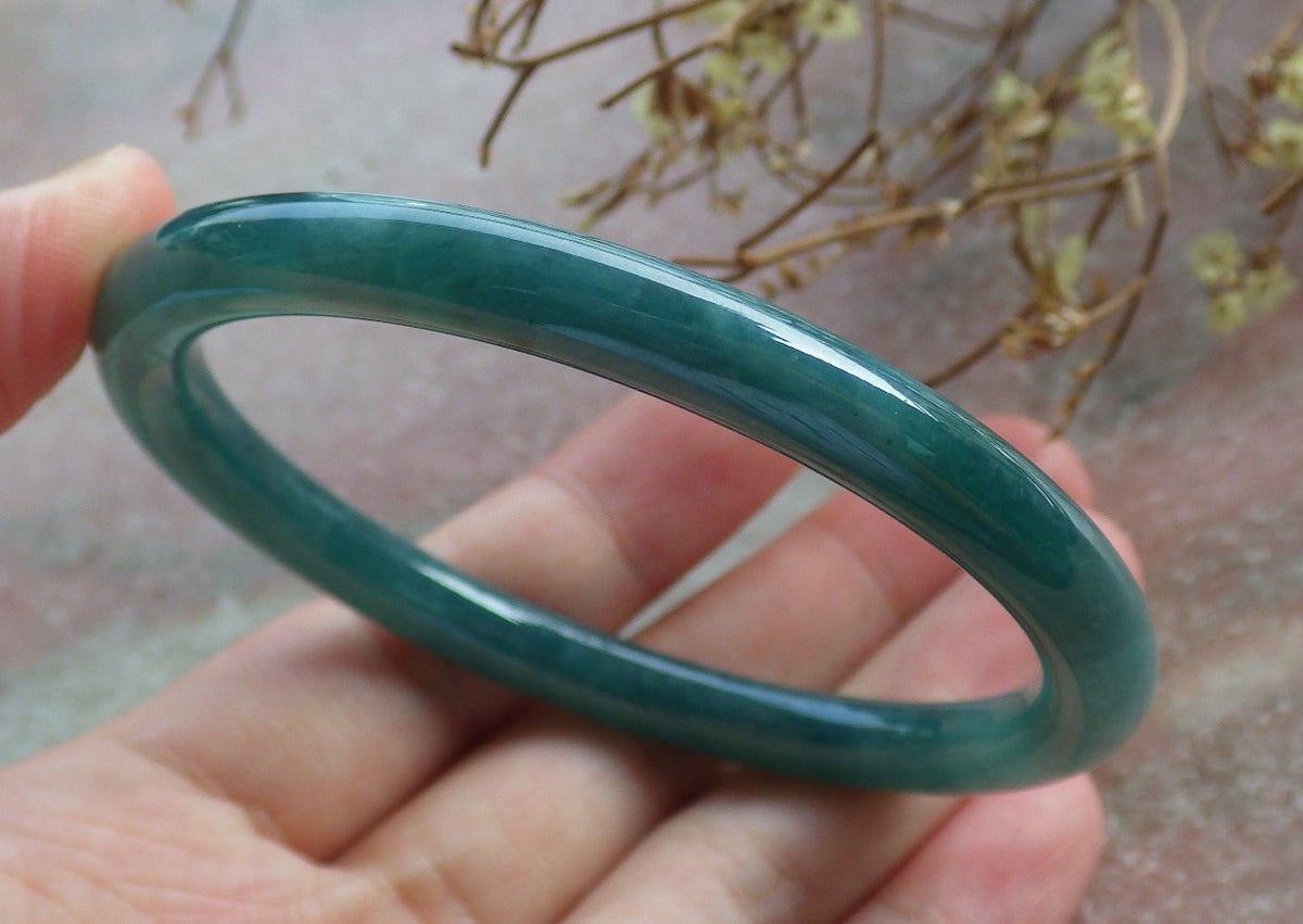 57mm Certified Hand Carved Blue Water Green Natural A JADE Round Circle Jadeite Bracelet Bangle