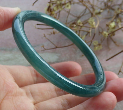 57mm Certified Hand Carved Blue Water Green Natural A JADE Round Circle Jadeite Bracelet Bangle