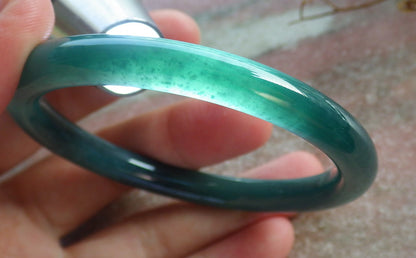 55mm Certified Hand Carved Icy Blue Water Green Natural A JADE Circle Jadeite Bangle Bracelet
