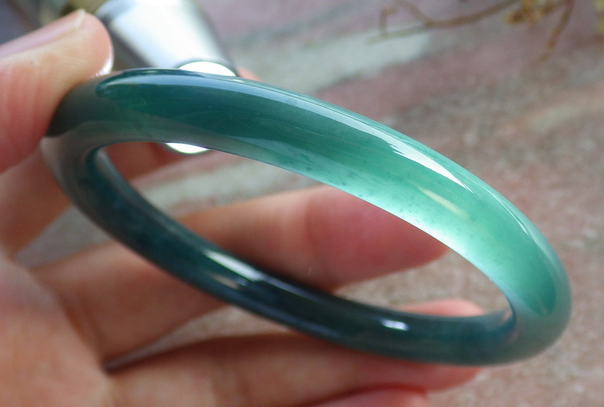 55mm Certified Hand Carved Icy Blue Water Green Natural A JADE Circle Jadeite Bangle Bracelet