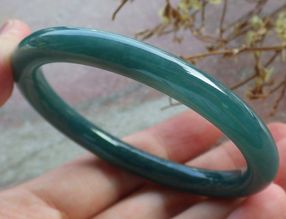 55mm Certified Hand Carved Icy Blue Water Green Natural A JADE Circle Jadeite Bangle Bracelet