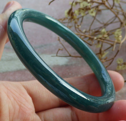 55mm Certified Hand Carved Icy Blue Water Green Natural A JADE Circle Jadeite Bangle Bracelet