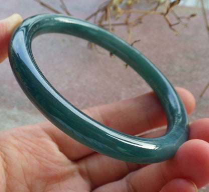 57mm Certified Hand Carved Blue Water Green Natural Grade A JADE Jadeite Circle Bangle Bracelet