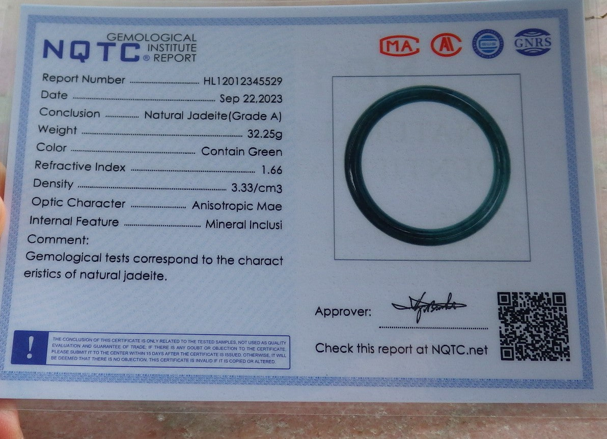 57mm Certified Hand Carved Blue Water Green Natural Grade A JADE Jadeite Circle Bangle Bracelet
