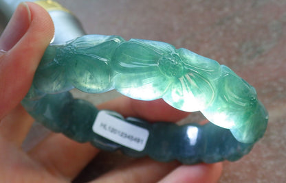 57mm Certified Hand Carved Green Natural A JADE Jadeite Rose Flower Circle Bangle Bracelet