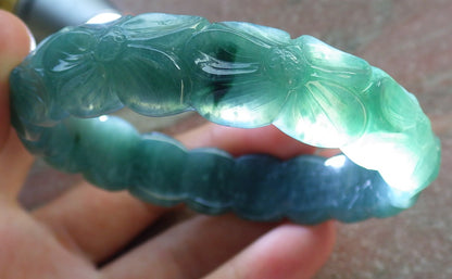 57mm Certified Hand Carved Green Natural A JADE Jadeite Rose Flower Circle Bangle Bracelet
