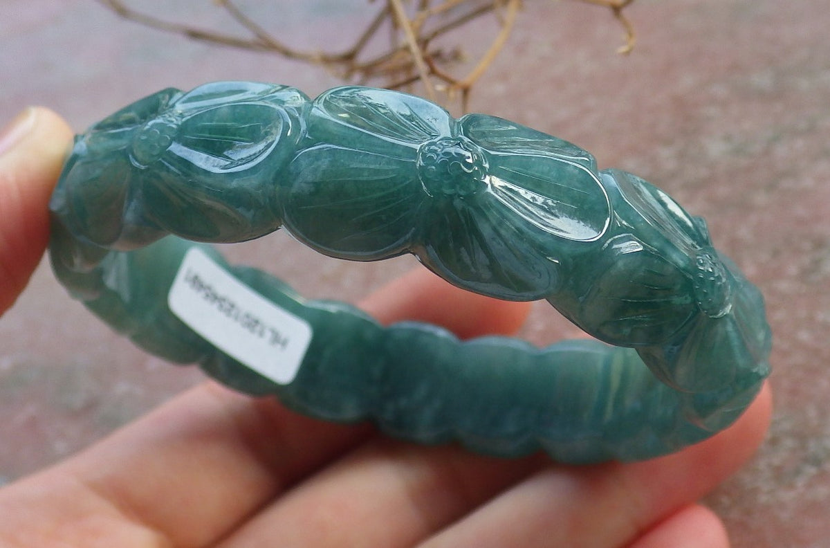 57mm Certified Hand Carved Green Natural A JADE Jadeite Rose Flower Circle Bangle Bracelet