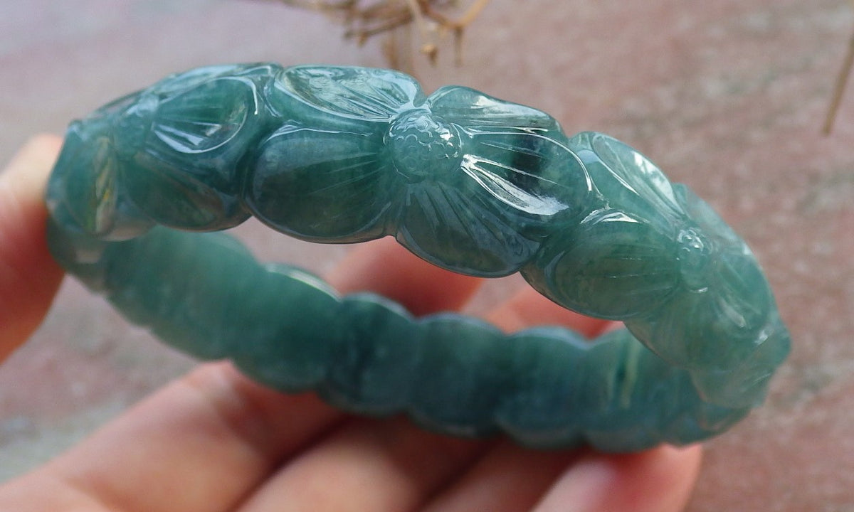 57mm Certified Hand Carved Green Natural A JADE Jadeite Rose Flower Circle Bangle Bracelet
