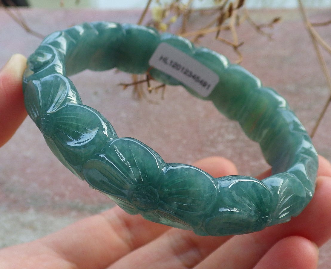 57mm Certified Hand Carved Green Natural A JADE Jadeite Rose Flower Circle Bangle Bracelet