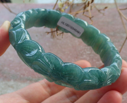 57mm Certified Hand Carved Green Natural A JADE Jadeite Rose Flower Circle Bangle Bracelet