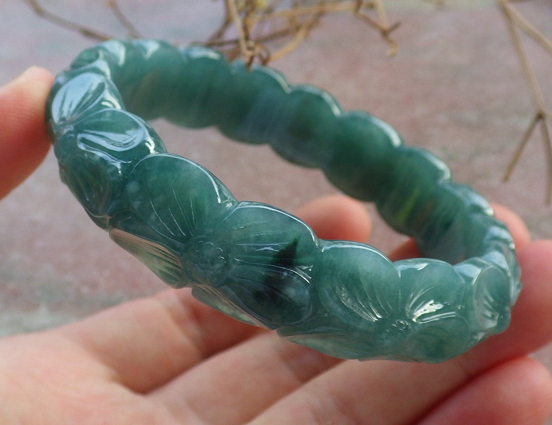 57mm Certified Hand Carved Green Natural A JADE Jadeite Rose Flower Circle Bangle Bracelet