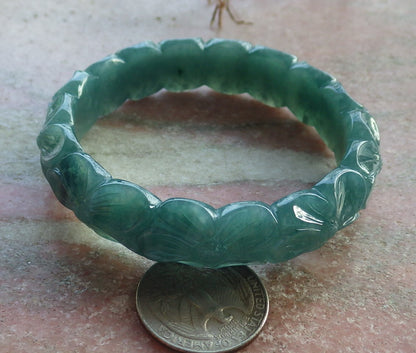 57mm Certified Hand Carved Green Natural A JADE Jadeite Rose Flower Circle Bangle Bracelet