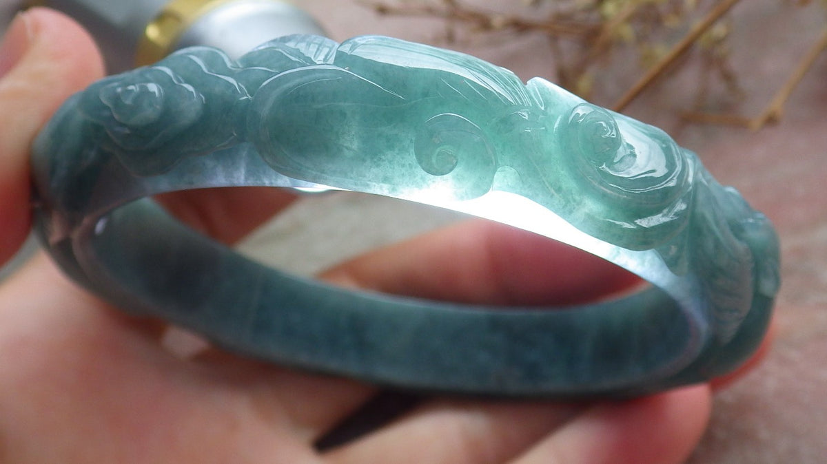 61mm Certified Hand Carved Blue Water Green Natural A JADE Jadeite Phoenix Circle Bangle Bracelet