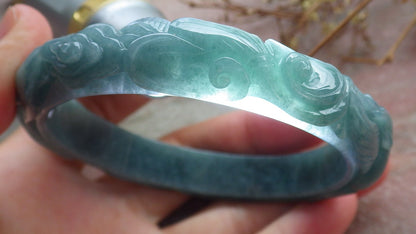 61mm Certified Hand Carved Blue Water Green Natural A JADE Jadeite Phoenix Circle Bangle Bracelet