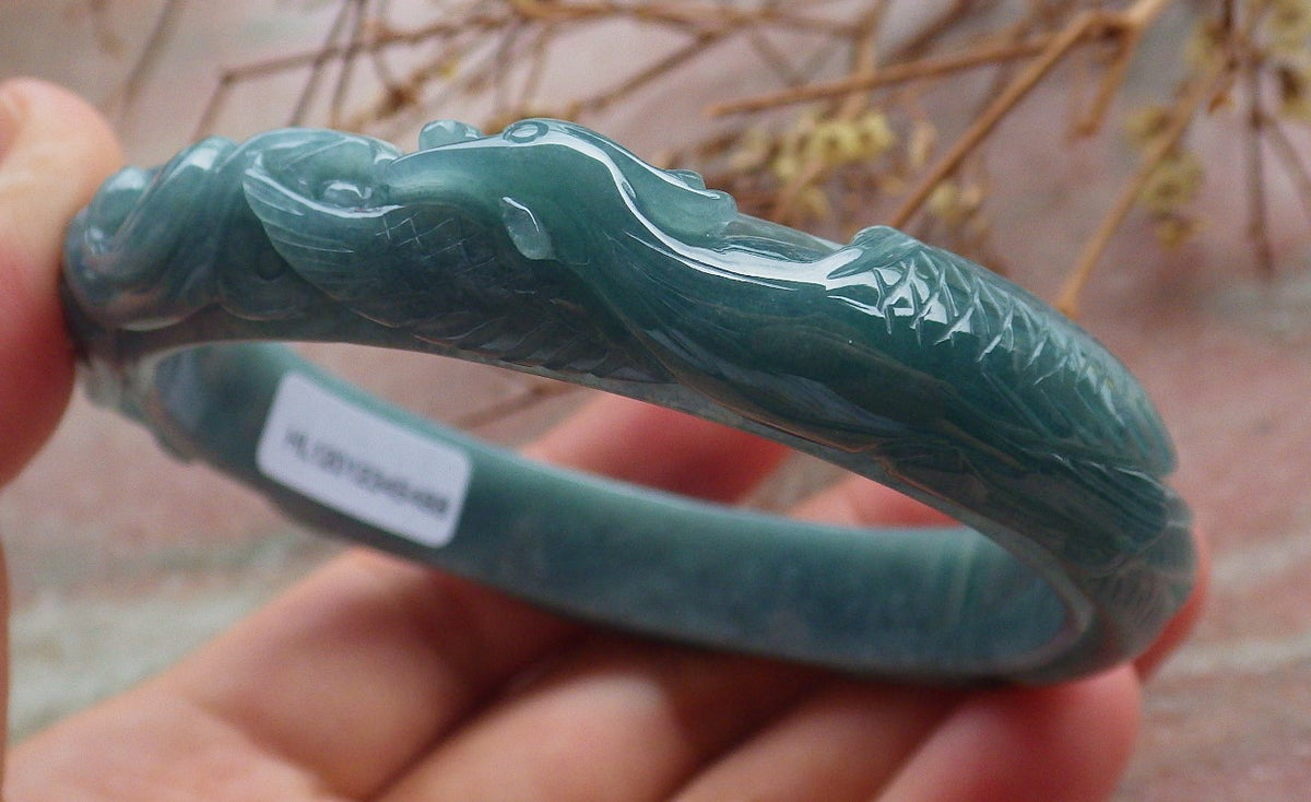 61mm Certified Hand Carved Blue Water Green Natural A JADE Jadeite Phoenix Circle Bangle Bracelet