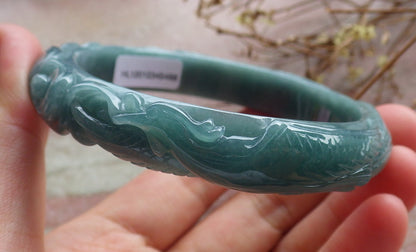 61mm Certified Hand Carved Blue Water Green Natural A JADE Jadeite Phoenix Circle Bangle Bracelet