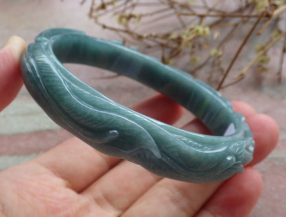 61mm Certified Hand Carved Blue Water Green Natural A JADE Jadeite Phoenix Circle Bangle Bracelet