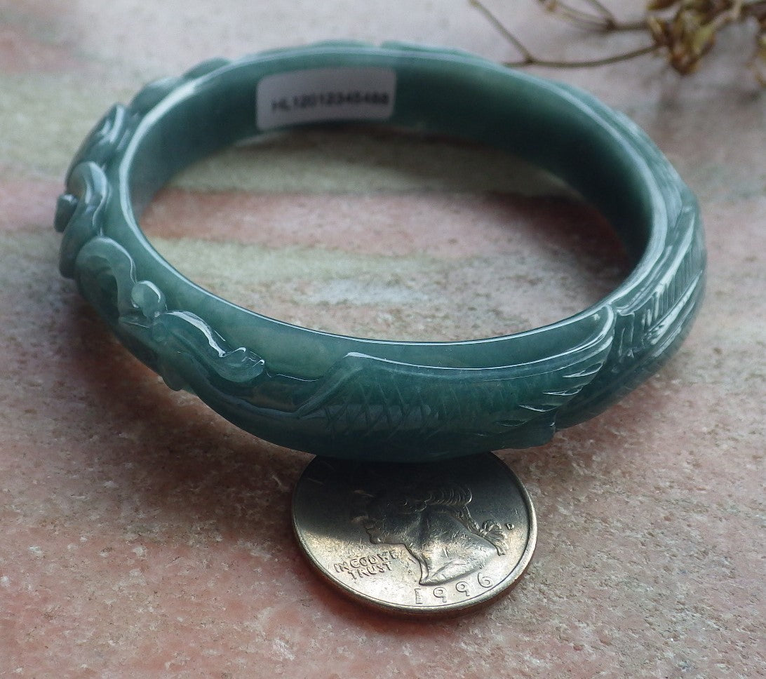 61mm Certified Hand Carved Blue Water Green Natural A JADE Jadeite Phoenix Circle Bangle Bracelet