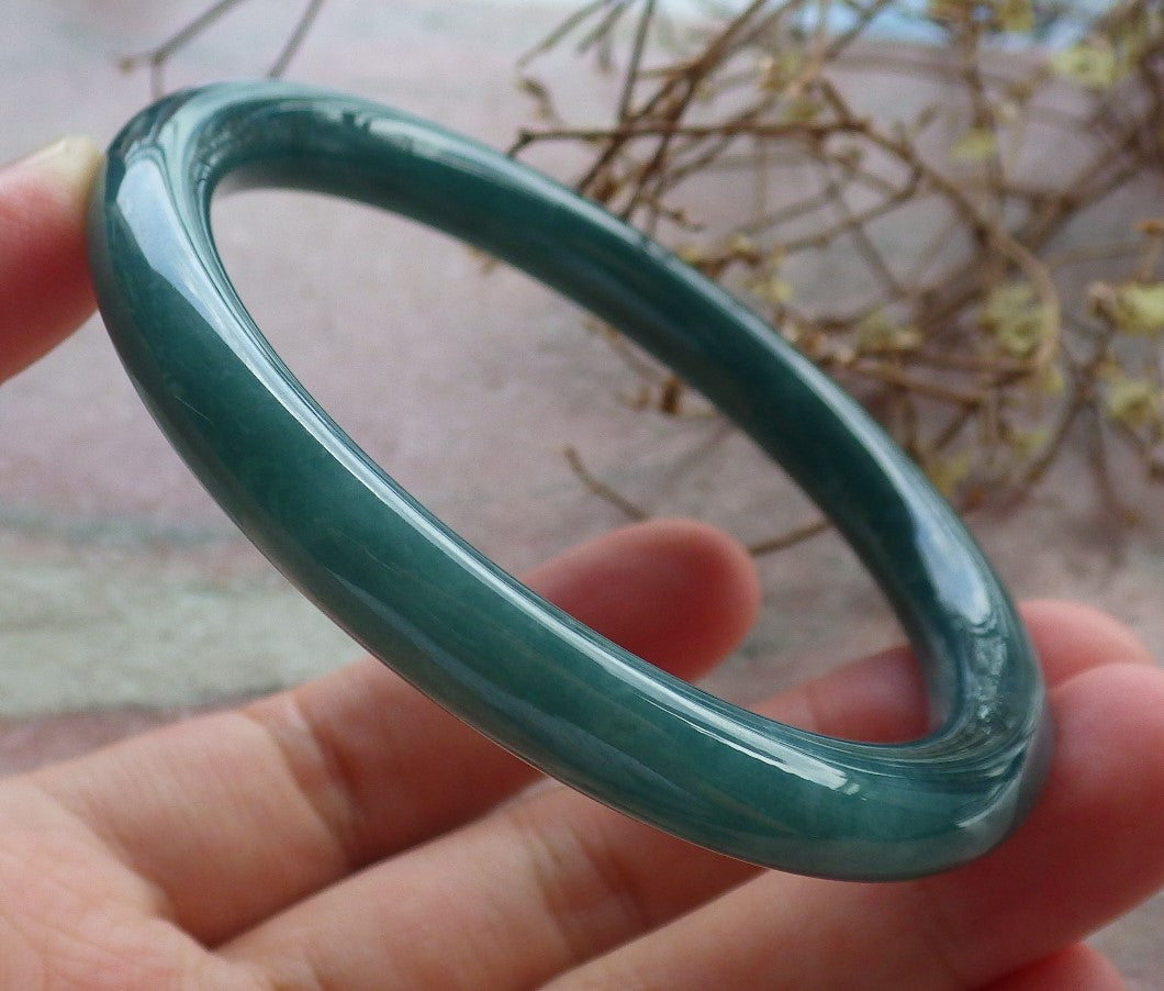 57mm Certified Hand Carved Blue Water Green Natural Grade A JADE Jadeite Circle Bangle Bracelet