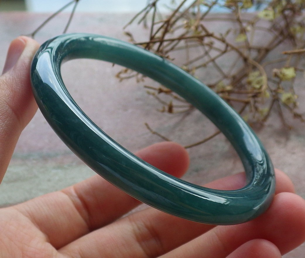 57mm Certified Hand Carved Blue Water Green Natural Grade A JADE Jadeite Circle Bangle Bracelet