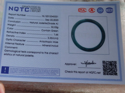 57mm Certified Hand Carved Blue Water Green Natural Grade A JADE Jadeite Circle Bangle Bracelet