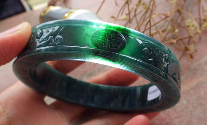 67mm Certified Hand Carved Blue Water Green Natural A JADE Jadeite Dragon Phoenix Circle Bangle Bracelet
