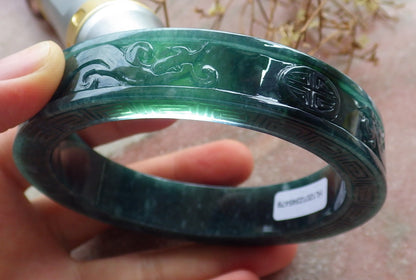 67mm Certified Hand Carved Blue Water Green Natural A JADE Jadeite Dragon Phoenix Circle Bangle Bracelet