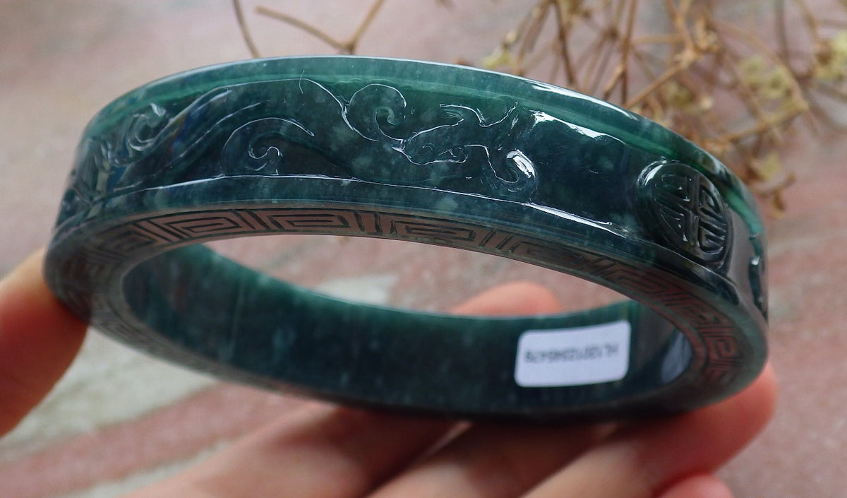 67mm Certified Hand Carved Blue Water Green Natural A JADE Jadeite Dragon Phoenix Circle Bangle Bracelet