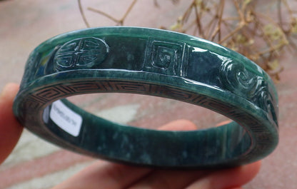 67mm Certified Hand Carved Blue Water Green Natural A JADE Jadeite Dragon Phoenix Circle Bangle Bracelet