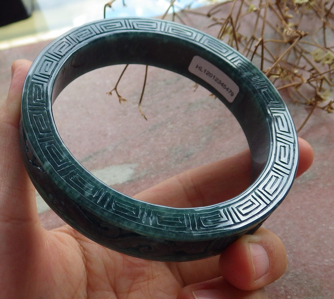 67mm Certified Hand Carved Blue Water Green Natural A JADE Jadeite Dragon Phoenix Circle Bangle Bracelet