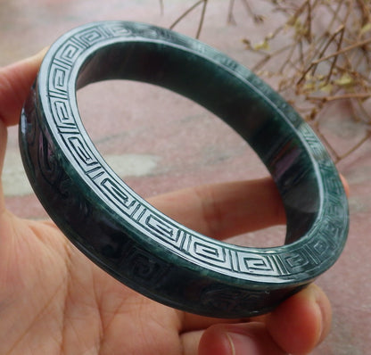67mm Certified Hand Carved Blue Water Green Natural A JADE Jadeite Dragon Phoenix Circle Bangle Bracelet
