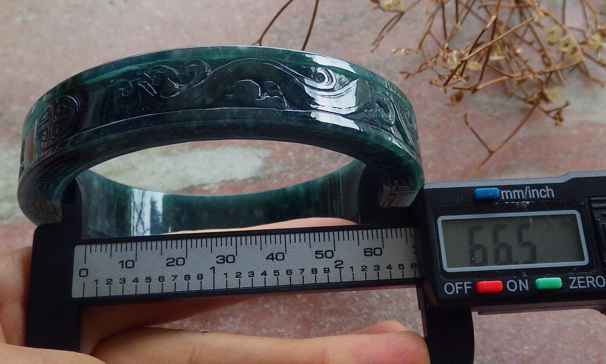 67mm Certified Hand Carved Blue Water Green Natural A JADE Jadeite Dragon Phoenix Circle Bangle Bracelet