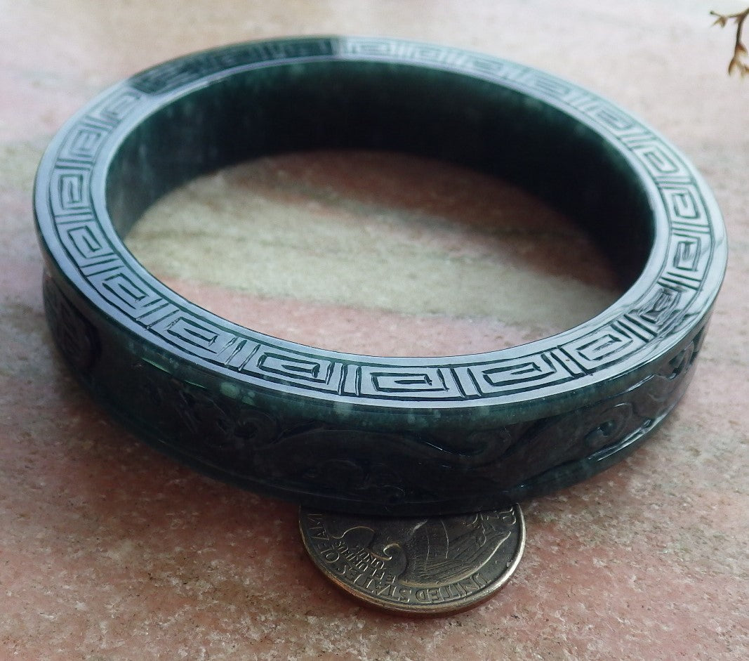 67mm Certified Hand Carved Blue Water Green Natural A JADE Jadeite Dragon Phoenix Circle Bangle Bracelet