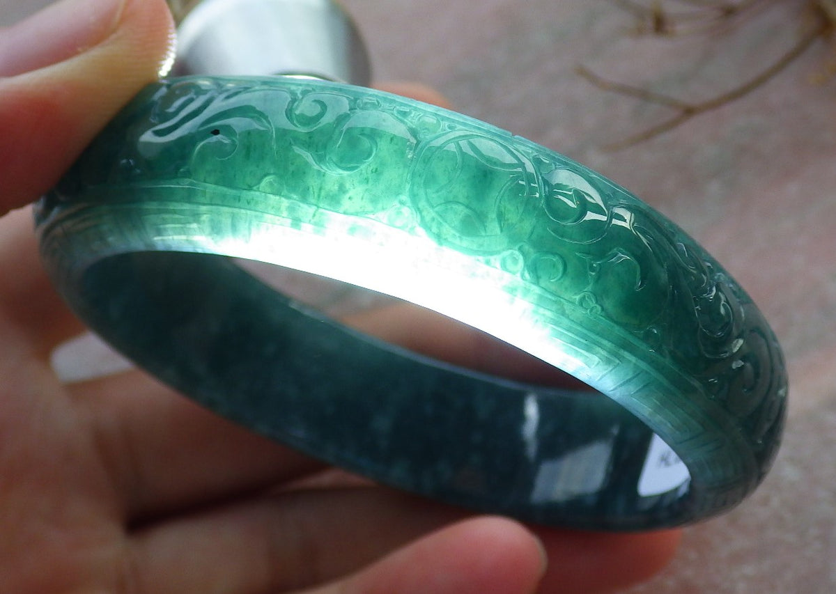 55mm Certified Hand Carved Blue Water Green Natural A JADE Jadeite Coin Longevity Circle Bangle Bracelet