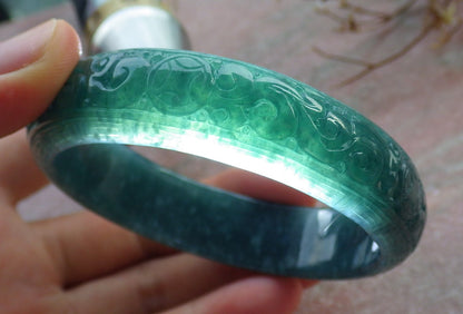 55mm Certified Hand Carved Blue Water Green Natural A JADE Jadeite Coin Longevity Circle Bangle Bracelet