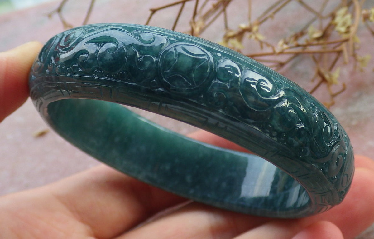 55mm Certified Hand Carved Blue Water Green Natural A JADE Jadeite Coin Longevity Circle Bangle Bracelet