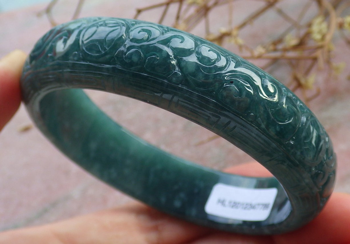 55mm Certified Hand Carved Blue Water Green Natural A JADE Jadeite Coin Longevity Circle Bangle Bracelet
